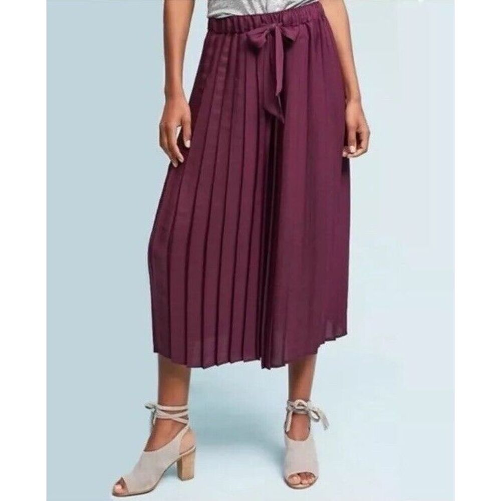 NWT Feather Bone By Anthropologie Pleated Wide Leg Cropped Pants Sz S‎ Burgundy